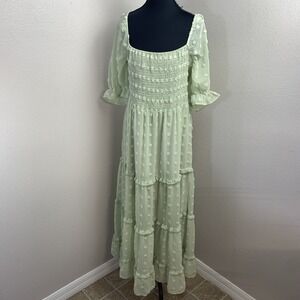 R.YIposha Off Shoulder Dress Women's 2X Mint Green Puff Sleeves Cottagecore Boho